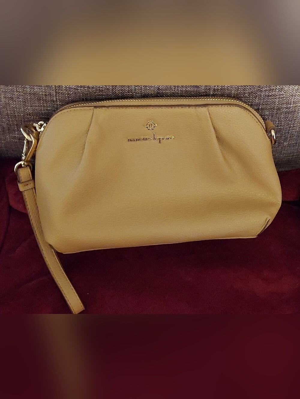 Nanette Lepore Mustard Leather Wristlet Clutch with Gold Logo